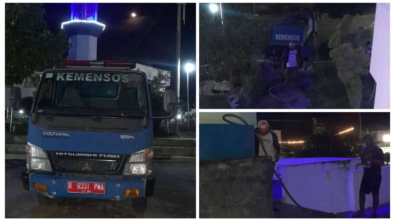 Mobil tangki air Dinas Sosial Kota Bima saat Droping Air ke Masjid Terapung. Foto : Ist