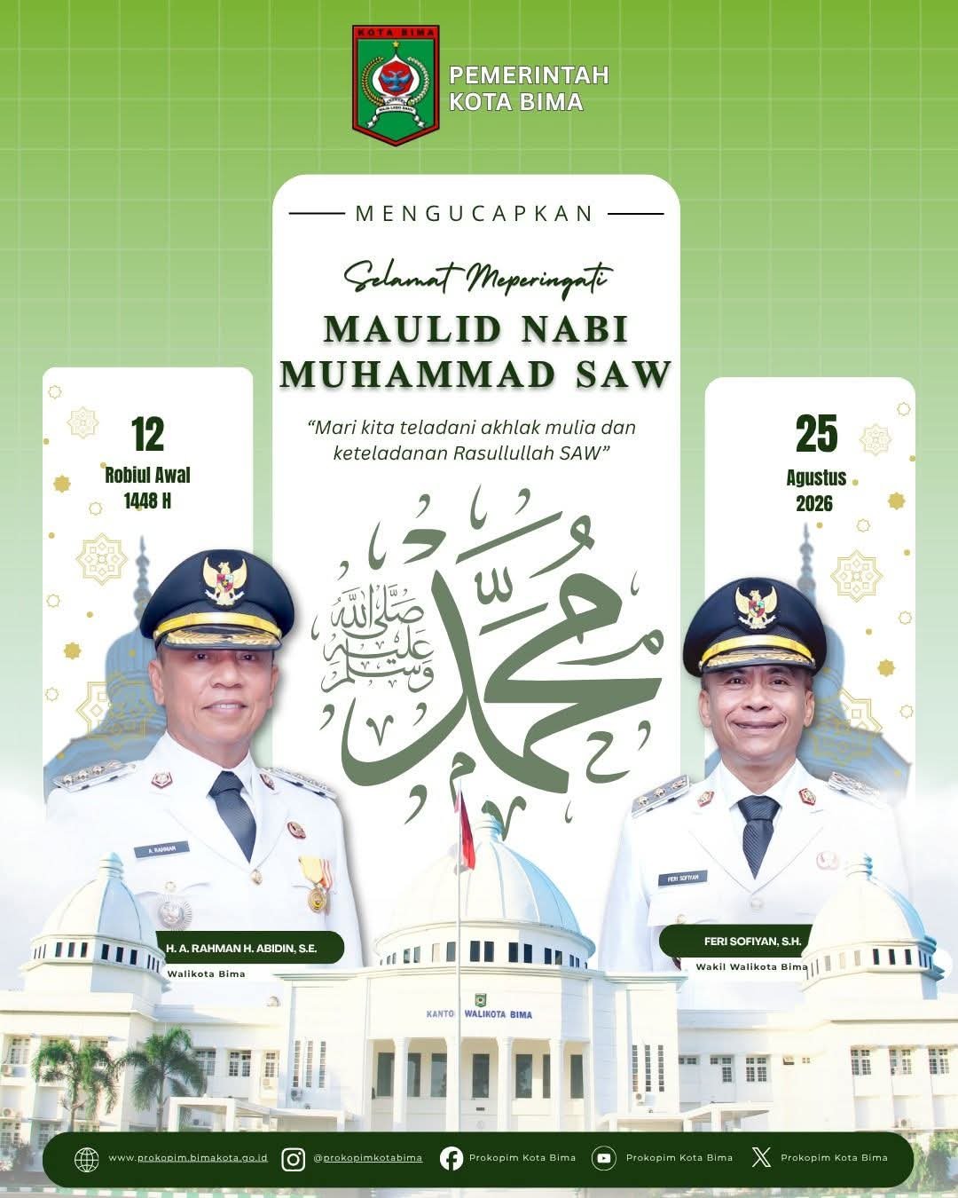 Walikota dan Wakil Walikota Bima Mengucapkan Selamat Memperingati Maulid Nabi Muhammad SAW 1448H